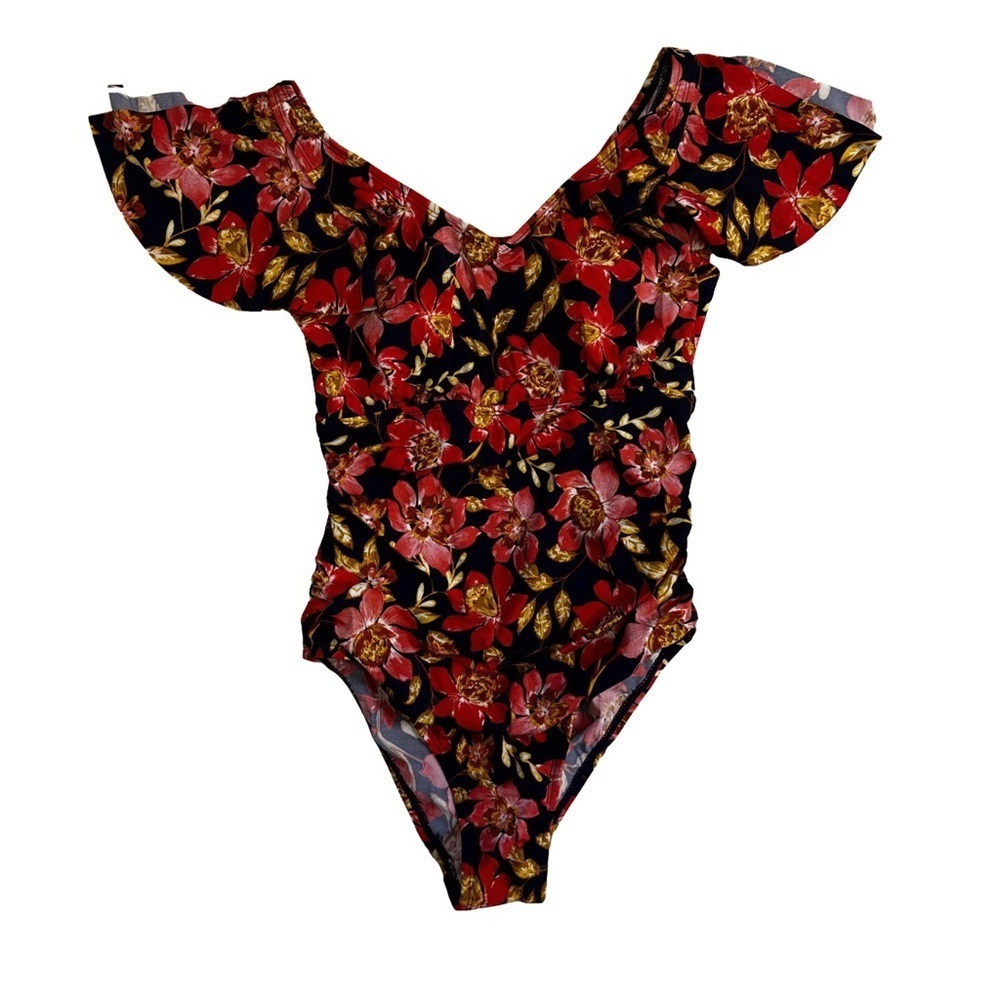 D&Co Beach Floral One-Piece Swimsuit  Size 2 Flutter Sleeve Ruched Bodice NWT - Picture 10 of 12